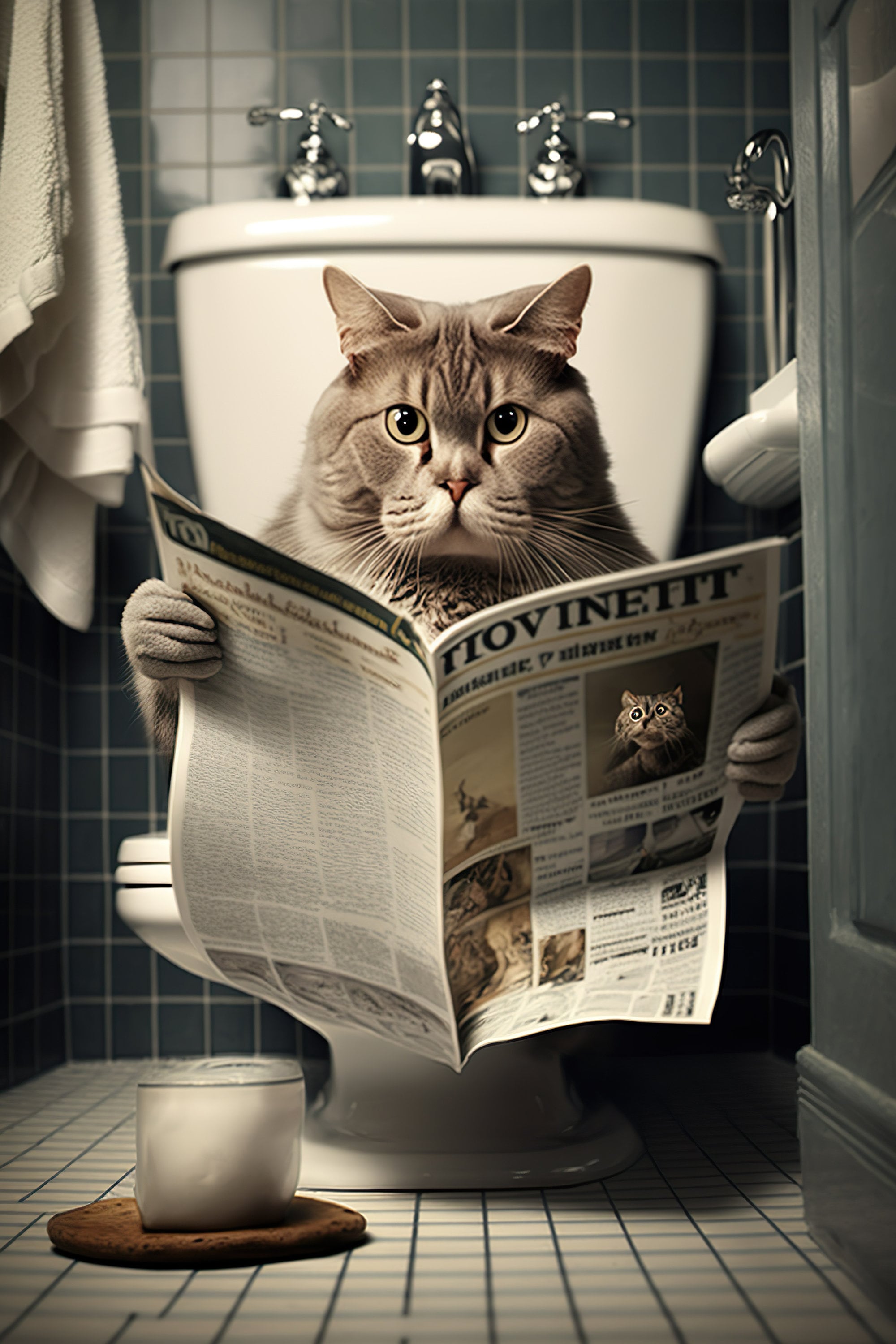 Cat Sitting on the Toilet Reading a Newspaper Funny Bathroom - Etsy