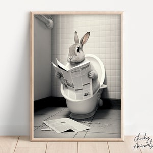 Rabbit Sitting on the Toilet Reading a Newspaper, Funny Bathroom Humor, Wall Decor, Funny Animal Print, Bunny, Printables, AI Digital Prints
