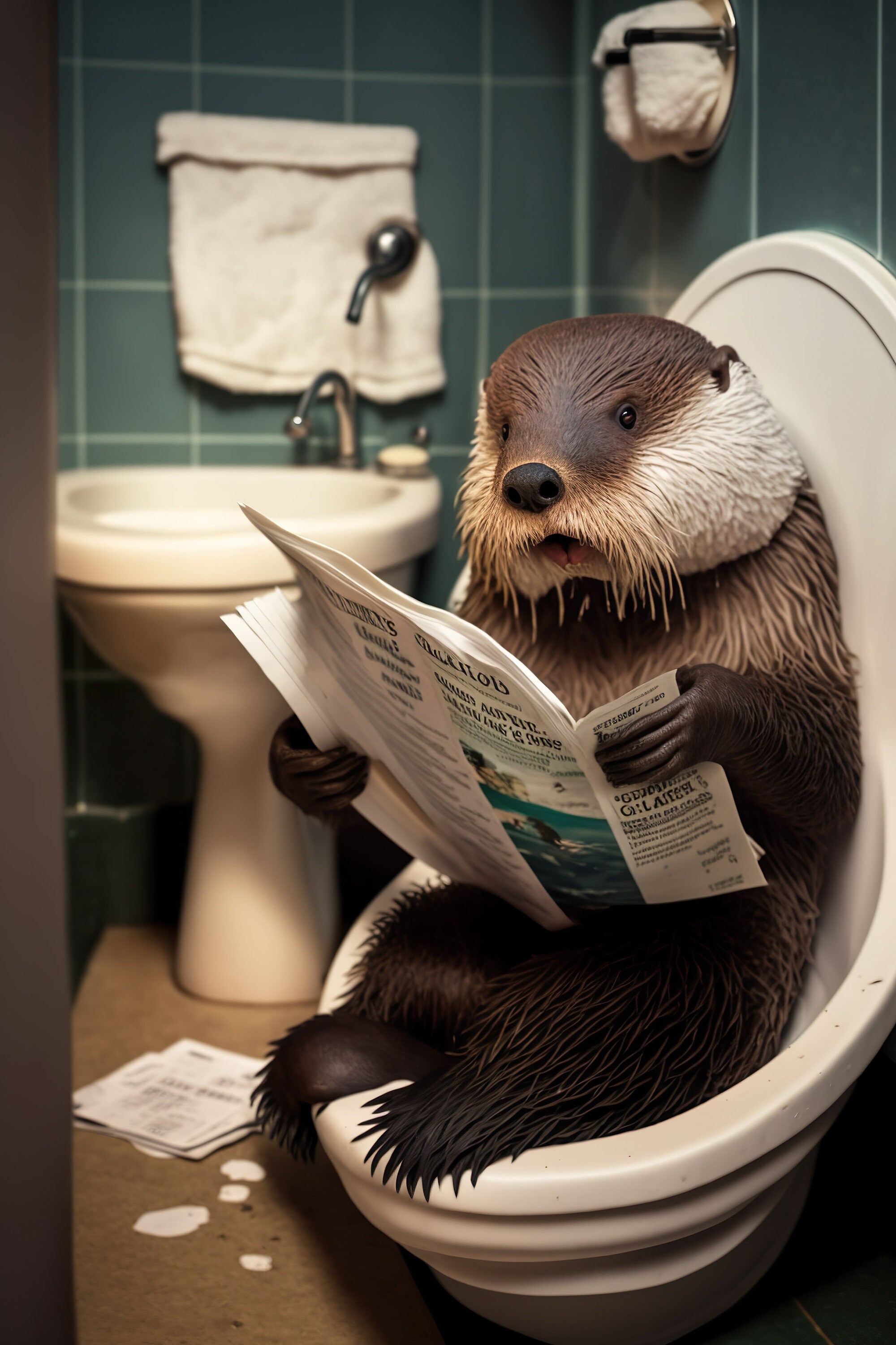 Discover Otter Sitting on the Toilet Reading a Newspaper, Funny Bathroom Humor, Wall Decor, No Frame