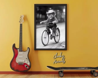 Lustige Katze auf Fahrrad: Tierdruck im Vintage-Stil (Digitaler Download)