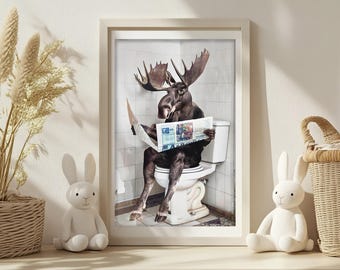 Funny Moose Bathroom Wall Art, Moose on Toilet Reading Newspaper, Laundry Room Decor, Toilet Humor, Quirky Animal Print, Printable AI Art