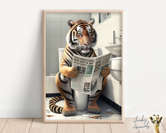 Baby Tiger With Toilet Paper Canvas Wall Art - Black White Bathroom Nursery Decor 12x18 Inch - View #3