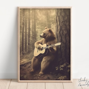Bear Playing Guitar, Funny Vintage Animal Print, Bear Photograph, Retro Bear Humor, Vintage Wall Art, Home Decor, Printables, AI Art
