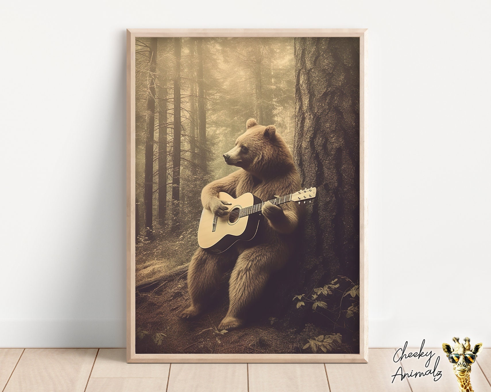 Funny Bear Playing Guitar Vintage Print: Retro Animal Art (digital