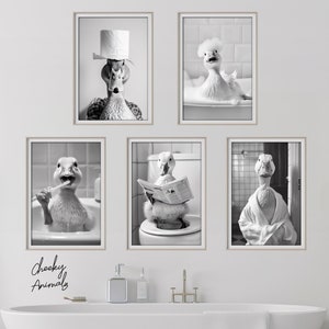 Funny Duck Wall Art Bundle of 5, Animal Bathroom Photo Print Set, Duck on Toilet, Bath, Bathrobe, Brushing Teeth, Printable AI Art