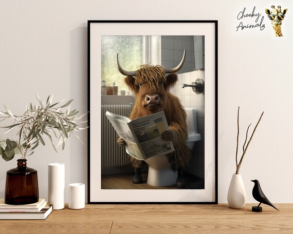 Tableau Toile Décorative - Highland Cow Sur Les Toilettes, Humour, Prêt à Accrocher