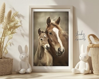 Vintage paardenprint: foto van moeder en baby van dieren (digitale download)