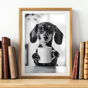 ◇DAKS◇ [MODERN DD] Wine DD logo cowhide business card wall Dachshund Dog Drinking Wine & Wearing Sunglasses, Poster or