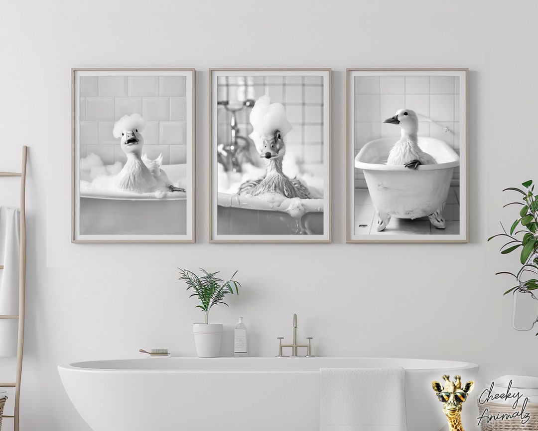 Funny Duck Bubble Bath Print Set: Quirky Bathroom Wall Art (digital ...