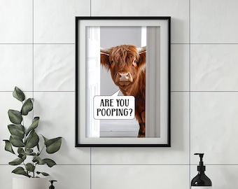 Impresión divertida de vaca de las Tierras Altas para el baño: Arte con IA y humor sobre el baño (descarga digital)
