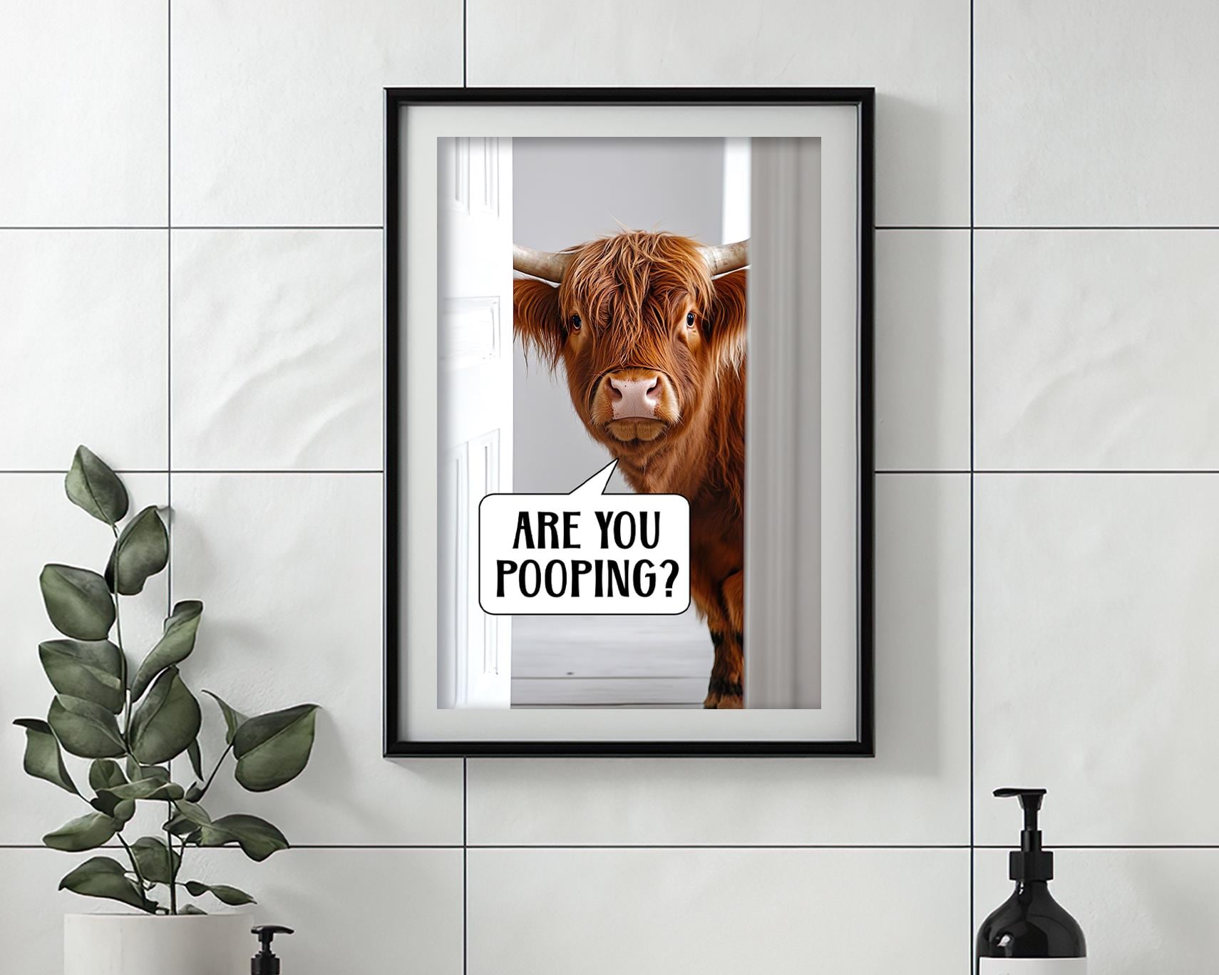 Highland Cow Bathroom Decor, Funny Bathroom Wall Art, Cow Pictures in Toilet Decor, Black Framed Canvas Print, Black and White Animal Wall Art for Bathroom