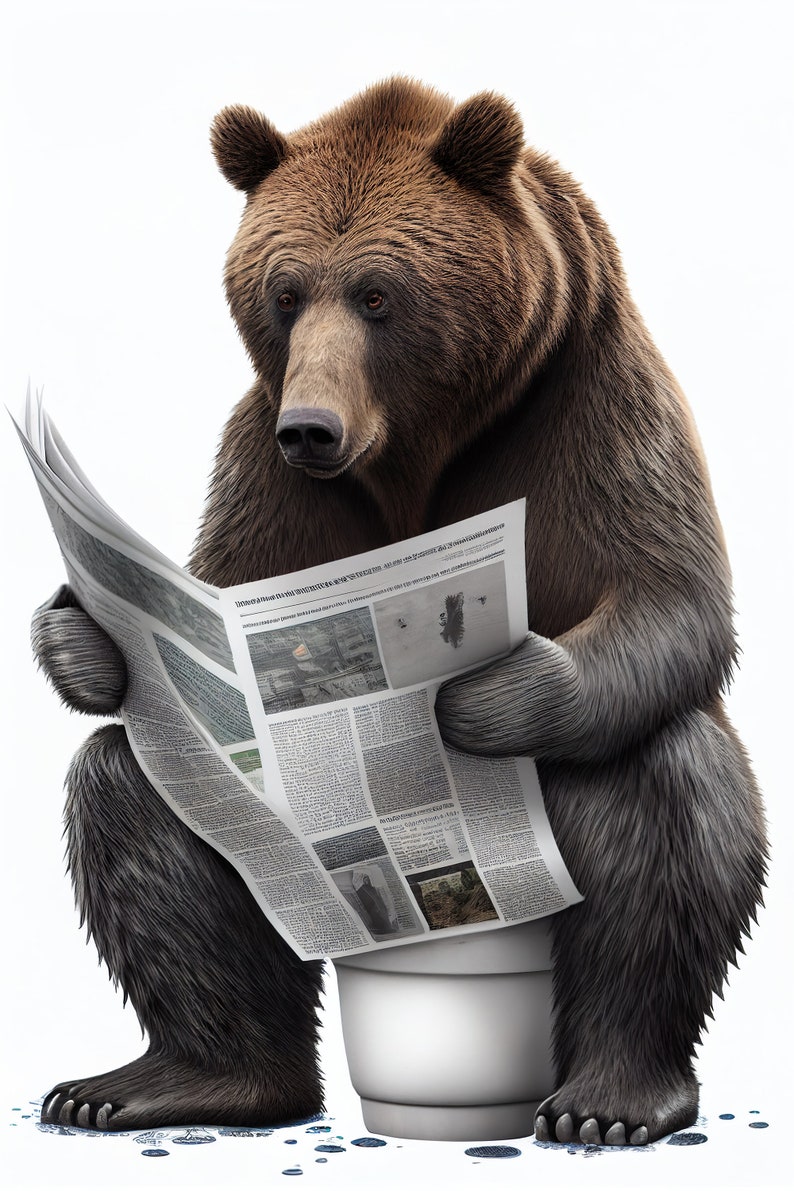 Bear Sitting on the Toilet Reading a Newspaper Funny Bathroom Etsy