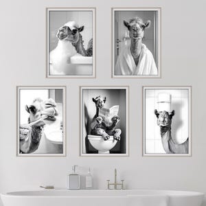 Pacchetto di 5 stampe murali con cammelli, decorazioni divertenti per il bagno, stampe di animali carini, cammelli sul water, in bagno, accappatoio, lavarsi i denti, arte AI stampabile