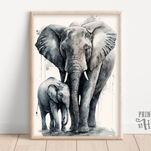 Mama Elephant Baby Elephant, Cute Animal Print, Mommy and Me, Nursery Room, Printable Wall Hangings, AI Digital Art, Beautiful Home Decor