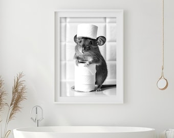 Funny Mouse Bathroom Print: Toilet Paper Hat, Retro Animal Photo (Digital Download)