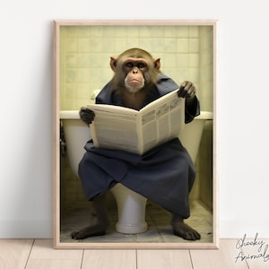 Capuchin Monkey Sitting on the Toilet Reading a Newspaper, Funny Bathroom Wall Art, Funny Monkey Print, Animal Photo, Printables, AI Art