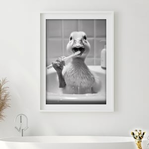 Funny Bathroom Wall Art, Duck Brushing Teeth, Printable Bathroom Art, Vintage Style Animal Photo, Funny Duck Humor Print, AI Art