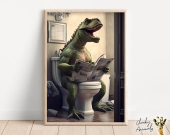 Funny T-Rex Bathroom Print: Dinosaur on Toilet Reading (Digital Download)