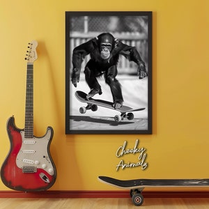 Monkey Skateboarding, Funny Animal Wall Art, Monkey on Skateboard, Funny Monkey Photo, Funny Animal Photography, Home Printables, AI Art