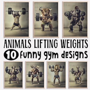 Animals Lifting Weights, Bundle of 10, Funny Gym Wall Art, Gym Decor, Bodybuilding Animals Working Out, Quirky Humor Print, Printable AI Art