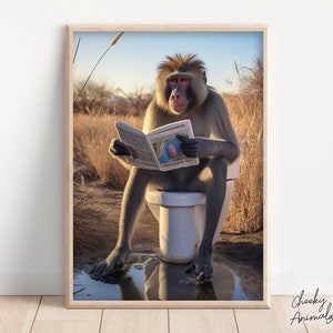 Mandrill Monkey Sitting on the Toilet Reading a Newspaper, Funny Bathroom Wall Art, Funny Monkey Print, Animal Photos, Printables, AI Art