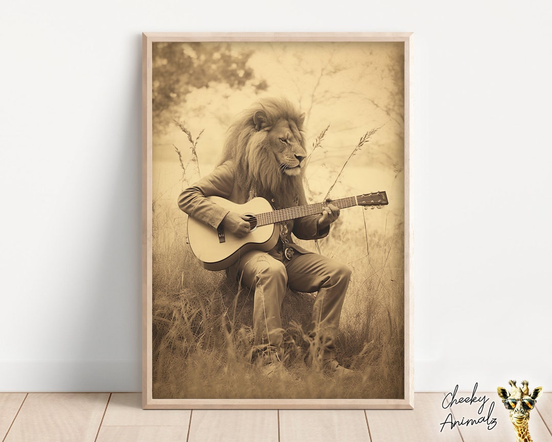 Lion Playing Guitar, Funny Vintage Animal Print, Lion Photograph, Retro ...