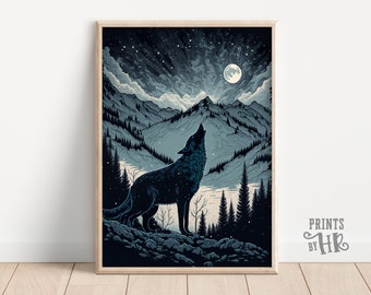 Wolf Howling at the Moon, Scandinavian Landscape, Lapland, Animal Prints, Printable Wall Hangings, AI Digital Art, Beautiful Home Decor