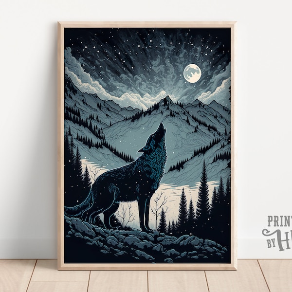 Wolf Howling at the Moon, Scandinavian Landscape, Lapland, Animal Prints, Printable Wall Hangings, AI Digital Art, Beautiful Home Decor