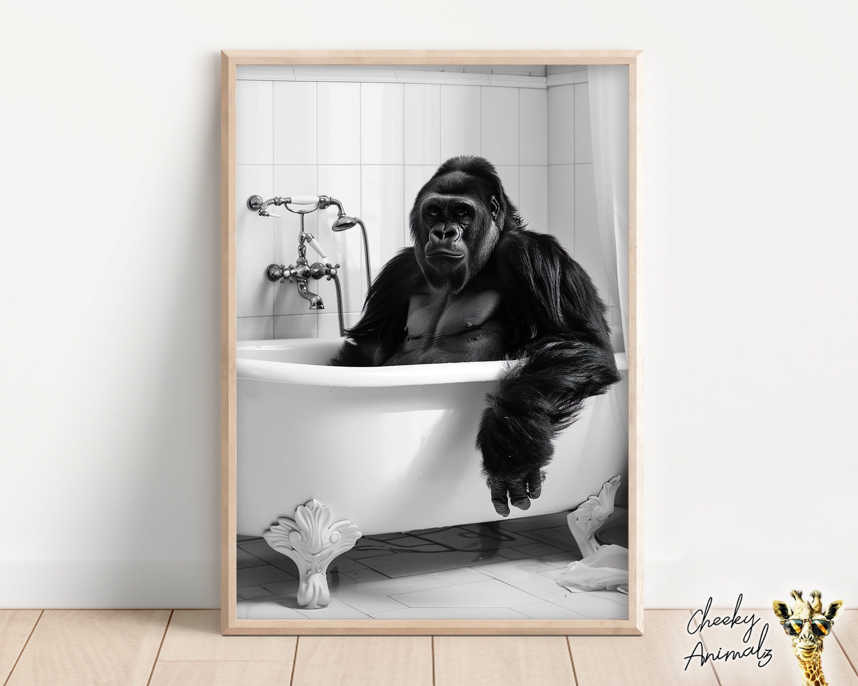 Immagini in bianco e nero Bagno Toilette Decorazione Divertente Scimmia Affari Poster Stampe Sul Muro Leggere Giornale 40x60cm(16x24in) Cornice interna