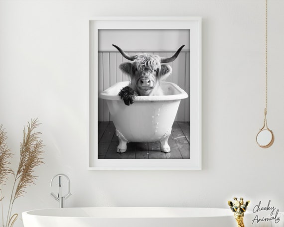 Peinture murale vache des Highlands en noir et blanc, impression d'images de bétail des Highlands - Poster pour décoration de salle de bain - Encadré et prêt à accrocher (noir et blanc