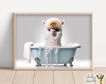 Cute Baby Alpaca in the Bathtub, Funny Animal Wall Art, Bathroom Wall Print, Alpaca Photograph, Printable Home Decor, AI Digital Prints