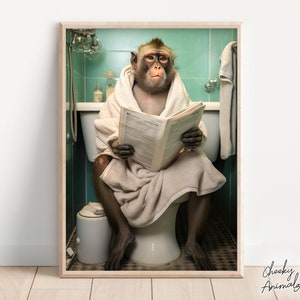 Capuchin Monkey Sitting on the Toilet Reading a Newspaper, Funny Bathroom Wall Art, Funny Monkey Print, Animal Photo, Printables, AI Art