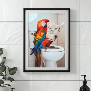 Parrot Sitting on Toilet Reading Newspaper, Funny Bathroom Wall Art Print, Cute Laundry Room Decor, Animal Humor Photo, Printable AI Art