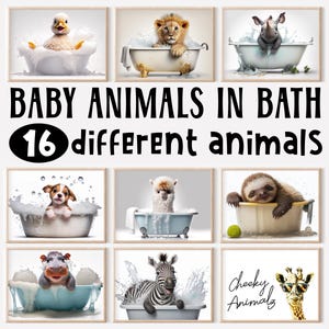 Animales bebés en la bañera tomando un baño, paquete de 16, divertidos estampados de animales, lindo arte de la pared del baño, dibujo de imágenes prediseñadas de animales, arte de IA imprimible