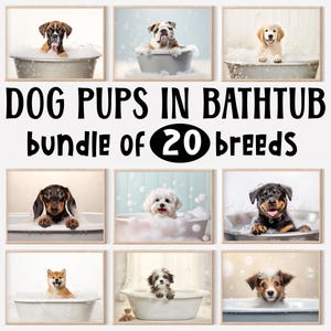 Dog Pups in Bathtub, Bundle of 20, Dogs in Bubble Bath, Funny Animal Prints, Bathroom Wall Art, Cute Dog Clipart Bundle, Printable AI Art
