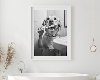 Funny Dog Brushing Teeth Print: Vintage Bathroom Wall Art (Digital Download)