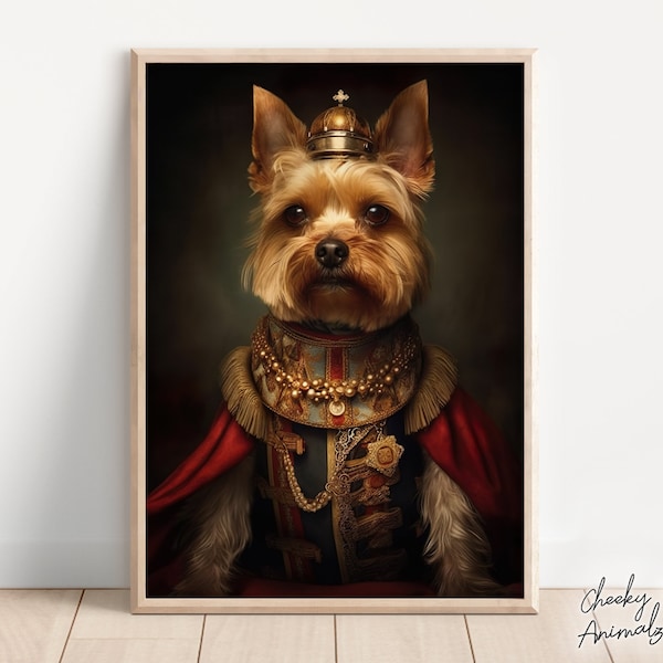 Yorkshire Terrier aristocratique, Art mural drôle de chien, peinture de la Renaissance, impression de portrait de chien, animaux excentriques, décoration d'intérieur, imprimables, art de l'IA