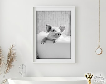Impresión de un cerdo divertido en la bañera: Arte mural de animales con IA para el baño (descarga digital)
