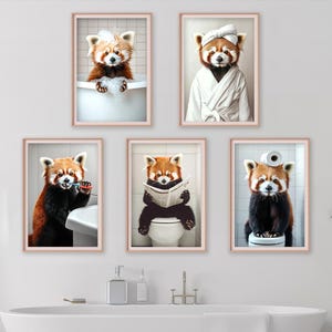 Funny Red Panda Wall Art Bundle, Cute Animal Bathroom Photo Print Set, Red Panda on Toilet, Bath, Bathrobe, Brushing Teeth, Printable AI Art