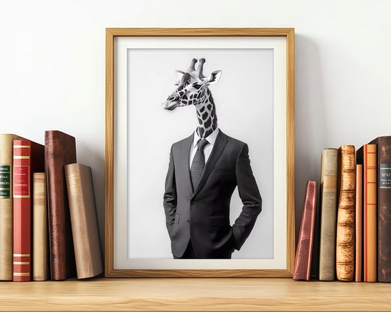 Giraffe in Suit Print: Funny Black and White Animal Photo (digital