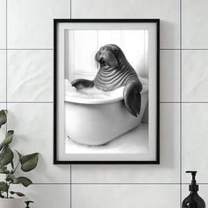 Walrus in the Bathtub, Cute Bathroom Wall Art, Funny Walrus Print, Cute Animals Taking a Bubble Bath, Laundry Room Decor, Printable AI Art