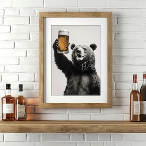 Bear Drinking Beer, Funny Kitchen Wall Art, Home Bar Decor, Funny Animal Alcohol Humor, Funny Beer Lover Art, Bear Print, Printable AI Art