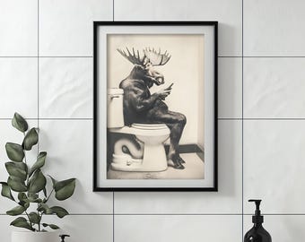 Funny Moose on Toilet Print: Vintage Bathroom Humor (Digital Download)