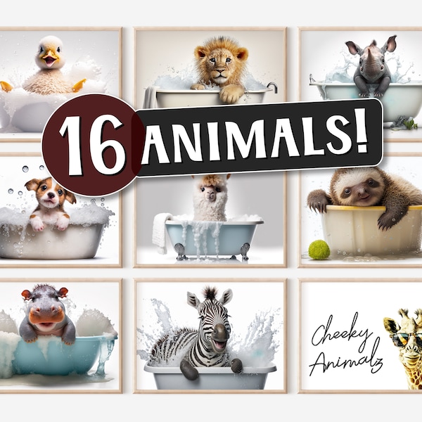 Schattige babydieren in badkuip, bundel van 16, grappige dierenprints, badkamer wanddecoratie, schattige dierenkunst, thuisprintables, AI digitale kunst