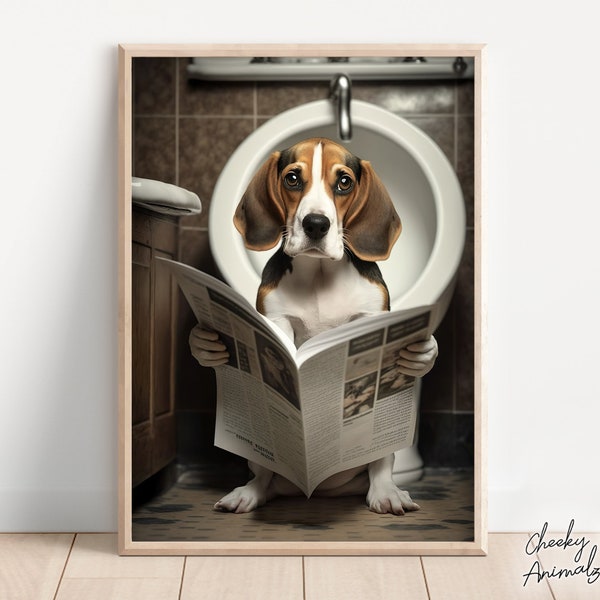 Beagle assis sur les toilettes en lisant un journal, art mural drôle de salle de bain, photo de chien drôle, empreintes d'animaux, imprimables à la maison, impression numérique AI