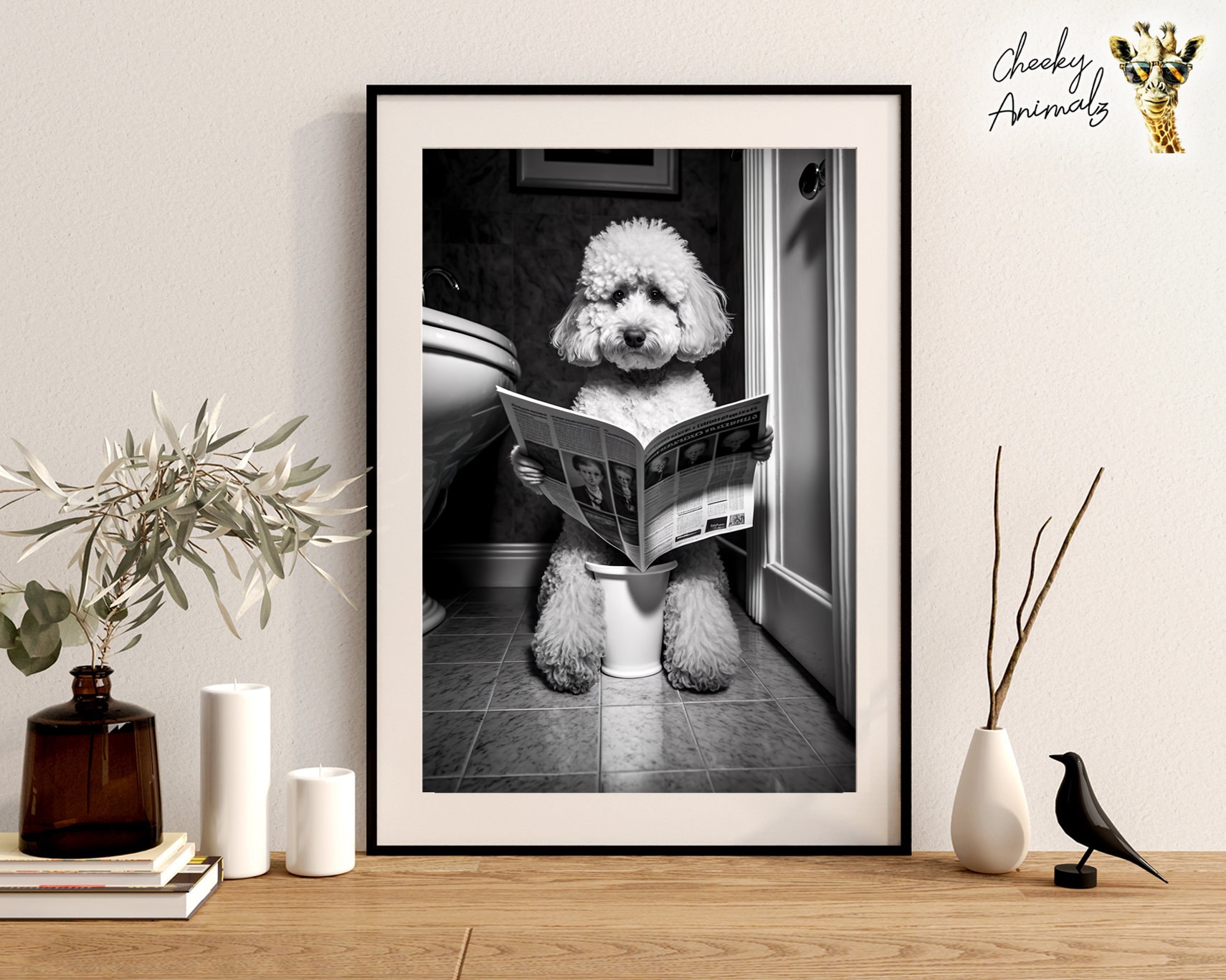 Grappige poedelbadkamerafdruk: hond op toilet die krant leest (digitale  print) - Etsy België, image size:1710x1368