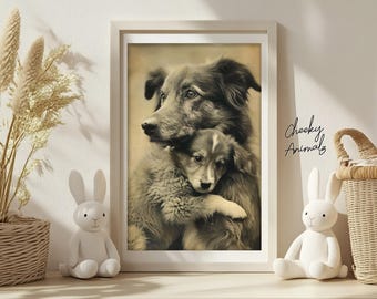 May include: A vintage black and white photograph of two dogs, one larger than the other, cuddling. The larger dog has its head resting on the smaller dog's back. The photo is framed in a light wood frame.