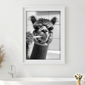 Arte divertido de la pared del baño, alpaca cepillándose los dientes, arte del baño imprimible, foto animal de estilo vintage, impresión divertida del humor de la alpaca, arte de la IA