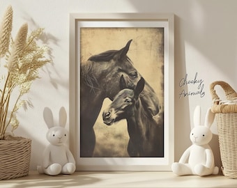 Print moeder en baby paard: vintage dierenfoto (digitale download)