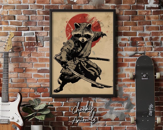 Ninja Raccoon Katana Sword Print: Funny Animal Game Room Wall Art